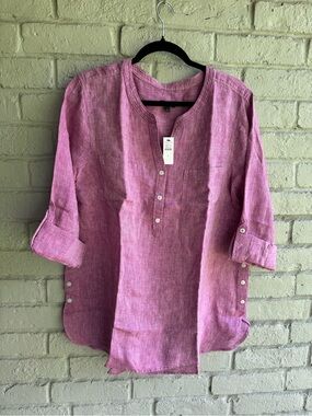 Talbots Raspberry Button-Front Linen Shirt NWT SZ L 100% Linen